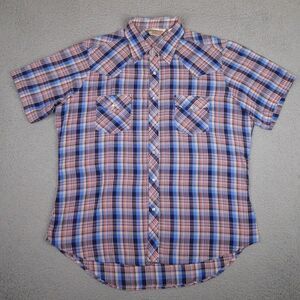 Vintage Sears Western Wear Shirt Mens XL Blue Plaid Pearl Snap Short Sleeve
